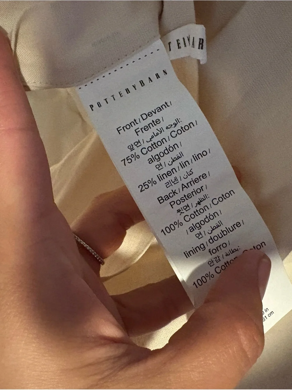2 Pottery Barn GAUZE KING 36x20 Cream Fabric Care Tag Close-Up